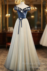 A-Line Blue-Grey Off Shoulder Long Party Dress, Tulle And Velevet Long Semi Formal Prom Dress